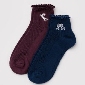 BAGGU Ruffle Lettuce Edge Sock Mahogany & Navy Icons Horses & Bows 2 pair